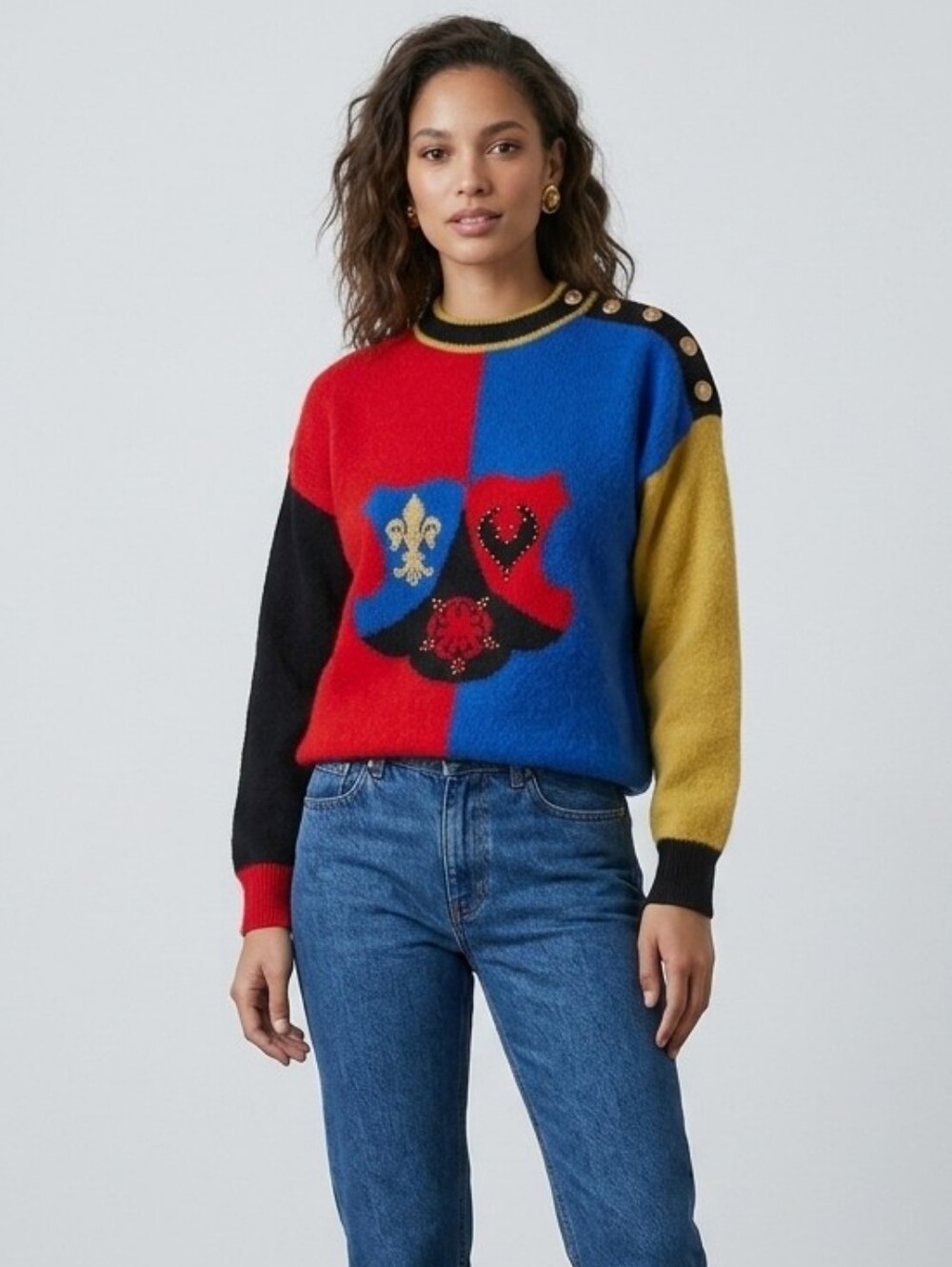Vintage Lambswool Angora Colorblock Heraldic Sweater Made In Hong Kong